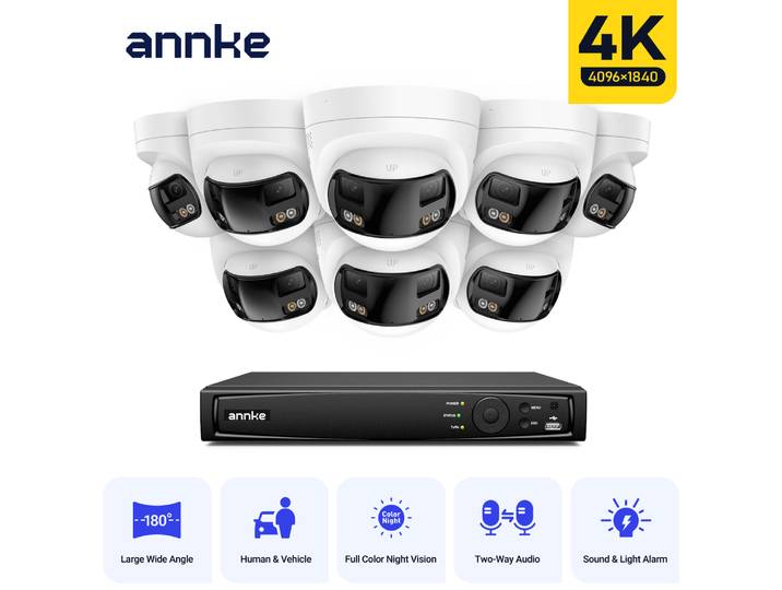 Système de caméra de sécurité ANNKE 4K 8MP 180° panoramique à double objectif, système de caméra CCTV NVR 8CH, vision nocturne, caméra de sécurité extérieure 8MP