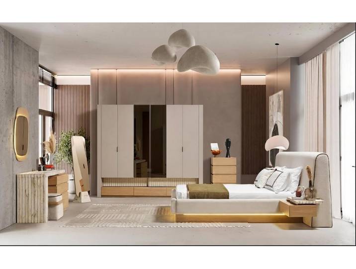 JVmoebel Komplettschlafzimmer Schlafzimmer Set Bett Schrank Kommode Spiegel Pouf Modern Beige Edel, (7-tlg., 7-tlg)