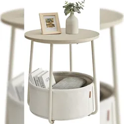 Beistelltisch rund aus Metall, Kleiner Tisch, Couchtisch mit Korb, Wohnzimmertisch, Korb aus Stoff, Nachttisch modern, naturbeige-cremeweiß