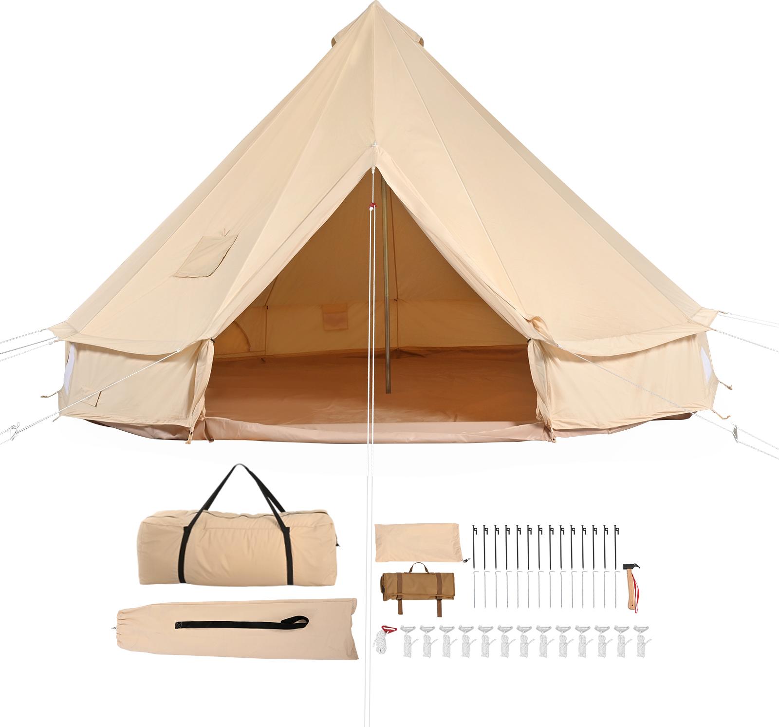SucceBuy Großes Glockenzelt 6 x 3,5 m aus TC-Baumwolle mit stabilen Eisenstangen und PVC-Bodenplane, geeignet für bis zu 10 Personen. Perfekt für Camping, Familienausflüge und Outdoor-Abenteuer mit 12 Fenstern für optimale Belüftung.