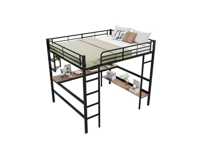 Flieks Hochbett Kinderbett Metallbett Etagenbett mit Schreibtisch & Regalen 140x200cm