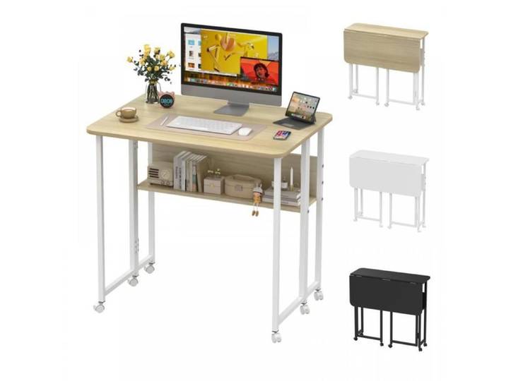 Bureau Pliant à Roulettes 80×58×75 cm Bureau Portable Table de Bureau Pliante avec Rangement Bureau d'ordinateur Naturel