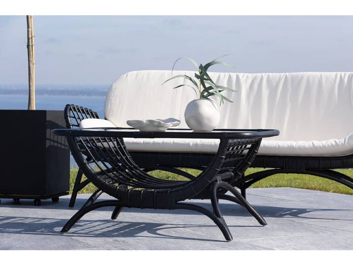Garten Couchtisch Sarina - Aus Rattan und Glas in Schwarz - Schwarz - Luxusbetten24