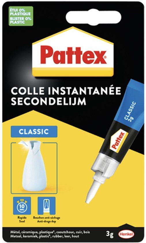 Pattex Classic Secondelijm 3 g - Extra sterke lijm voor rubber, metaal, glas, kunststof, hout en leer