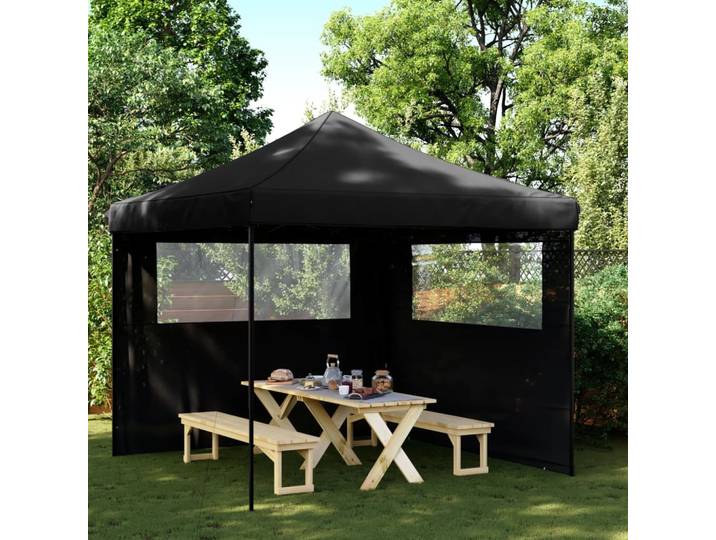 Tente de fête pliante avec 2 panneaux latéraux, auvent de camping familial noir, tente pliante portable, protection solaire, pergola imperméable