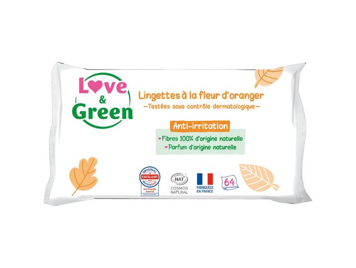 LOVE &amp; GREEN Lingettes écologiques parfumées à la Fleur d'Oranger - fibres 100% d'origine naturelle - 64 lingettes