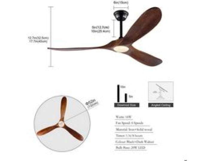 Ventilateur Plafond Lumière 52 Pouces Bois Noir Ventilateur Réversible FloraGrace Salon Chambre Télécommande 132x132x32 5cm