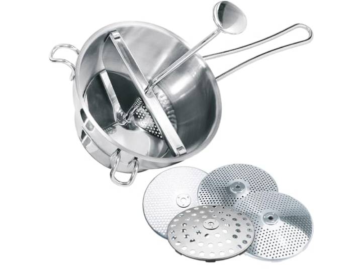 GEFU Passiergerät Flotte Lotte Set - Edelstahl Passiermühle mit 4 Scheiben Manuelle Gemüsemühle für Marmelade & Brei. Inklusive 1mm, 2mm, 3mm und 8mm Lochscheiben. Rostfrei und spülmaschinengeeignet.