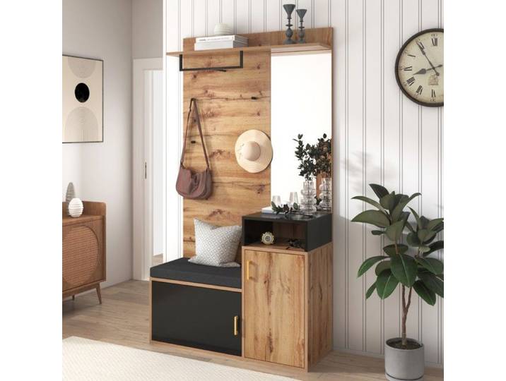 Meuble Entrée 4en1 - Garde-robe Miroir Chaussures Tabouret - Gain de Place - Design Complet Mural