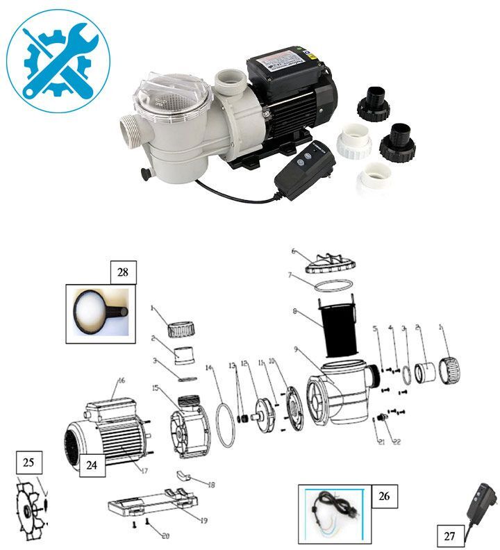 Pièces détachées pour pompe de filtration Poolmax Ubbink TP25/35/50 - Raccord cannelé ø 32mm noir + Joint + écrou pour TP25 et 35