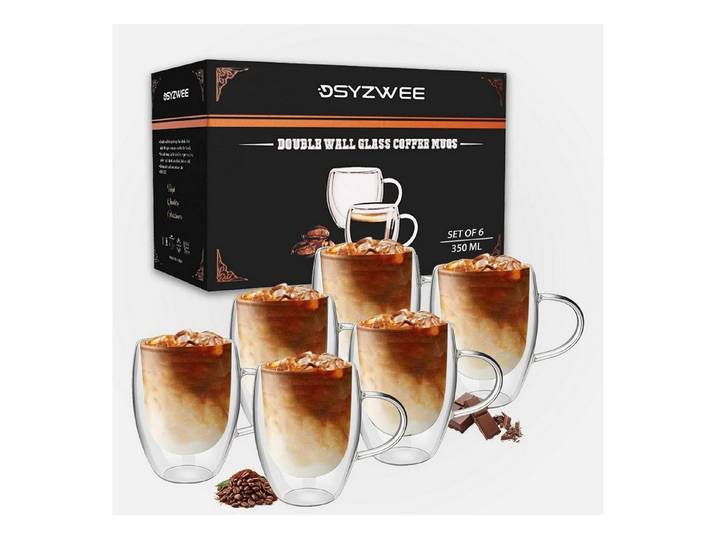 LuxusKollektion Latte-Macchiato-Glas Kaffeegläser Doppelwandig 350ml 6er Set Henkel, Glas