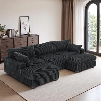 DREAMSIDEA Modern Modular Flannel Fabric Upholstered Sectional Sofa with Square Arm