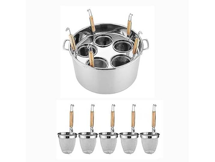 RSBFER Nudelkocher-Set aus Edelstahl/kommerzielles Edelstahl-Nudeltopf-Kocheinsatz-Set mit Trennwand und Sieb für Nudeln, Nudeln, Gemüse,B,5 Holes