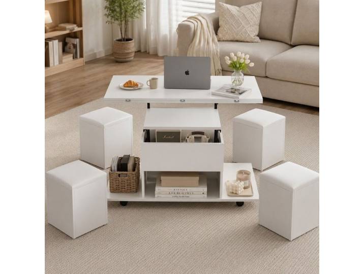 Table basse relevable 100x50x48cm Table basse extensible salon avec 4 tabourets de rangement et 4 roulettes - blanc