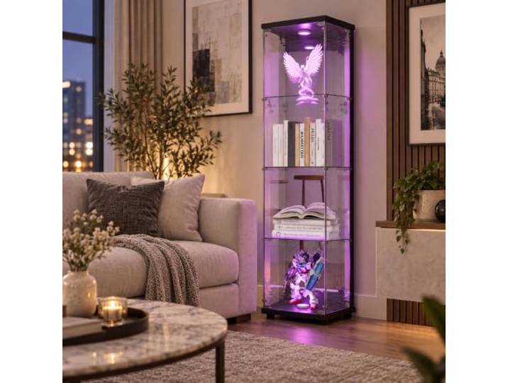Glasvitrine Stehend, Vitrinenschrank mit LED Beleuchtung und Glastüren,4-Lagen Glasvitrine Staubdicht, Standvitrine Glasschrank für Wohnzimmer Schlafzimmer Büro (Schwarz/Spiegel/Hell, 4 Schichten)