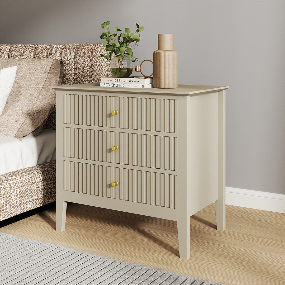 Large 3 Drawer Bedside Table - Hales Taupe Range Manufactured Wood, Metal