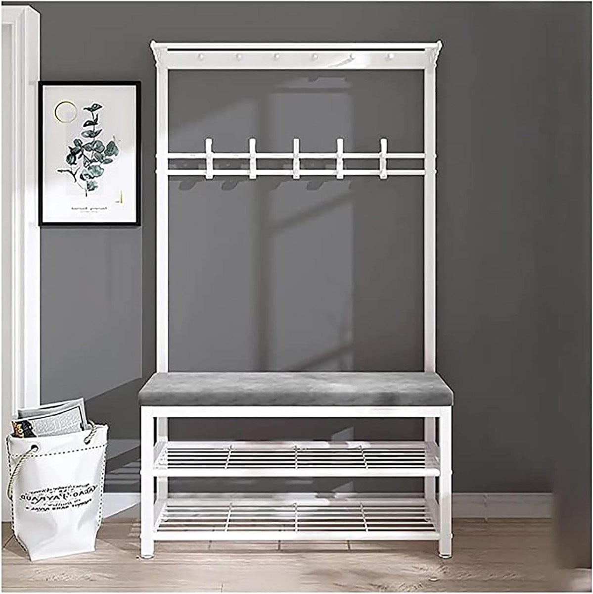 Grijs halmeubel met kapstok en zitbank - Entree organizer - Breedte: 787 cm