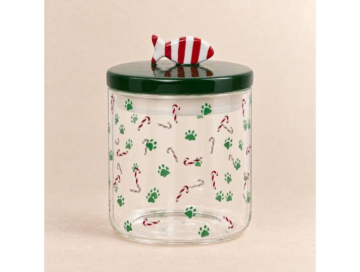 Katzenfutterbehälter aus durchsichtigem Glas mit grünen und roten Mustern, 1,3 l