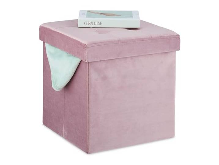 Relaxdays Tabouret en Velours\, avec Rangement\, rembourré\, Pliable\, HxLxP : 38x38x38 cm\, Repose-Pieds intérieur\, Rose