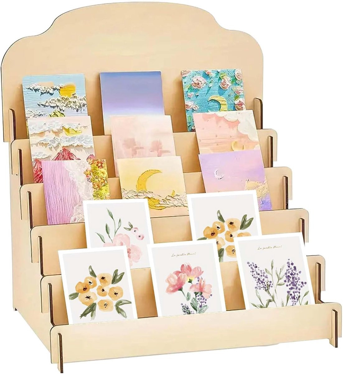 SnelShoppen Houten Kaartenstandaard met 4 Niveaus voor Postkaarten en Groetenkaarten