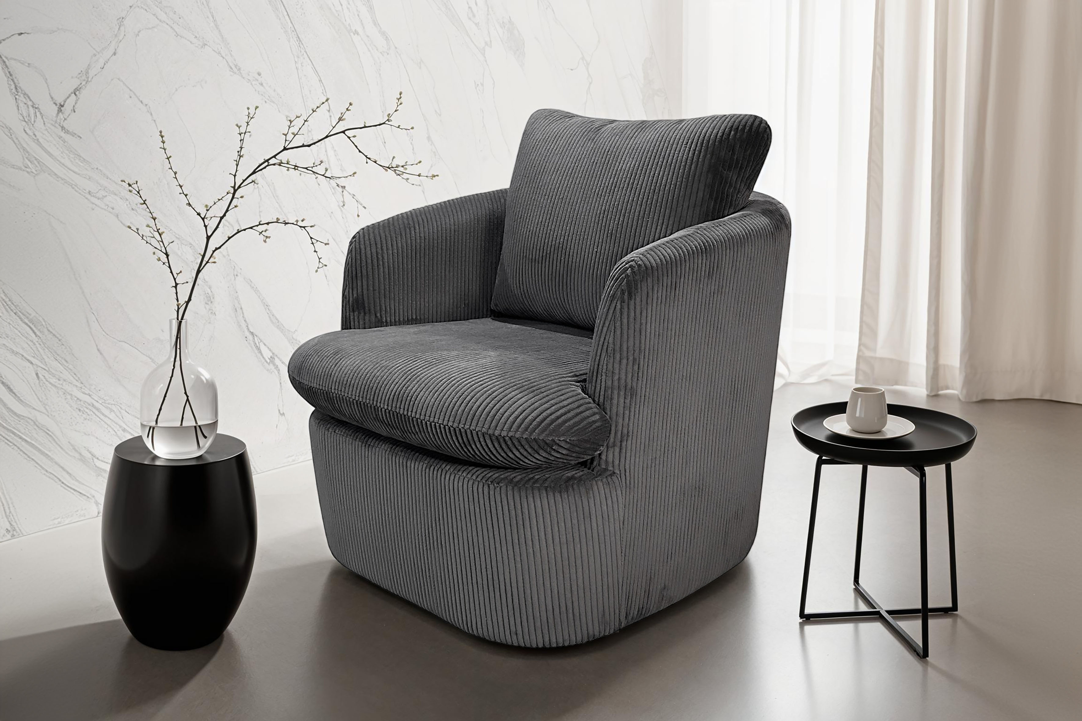 Sessel BYLIVING "HARMONY", grau (dunkelgrau), B:72cm H:78cm T:77cm, Sessel, Sessel, Grob-Cord, 360 drehbar, Schaumstoff, loses Sitz- und Rückenkissen