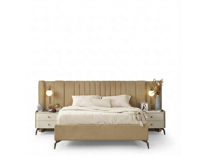Xlmoebel Schlafzimmer-Set Elegantes Doppelbett mit weißen Polstermöbeln und Nachttischen, (3-tlg., 3 tlg.Schlafzimmer Set (Bett + 2x Nachttische), Hergestellt in Europa