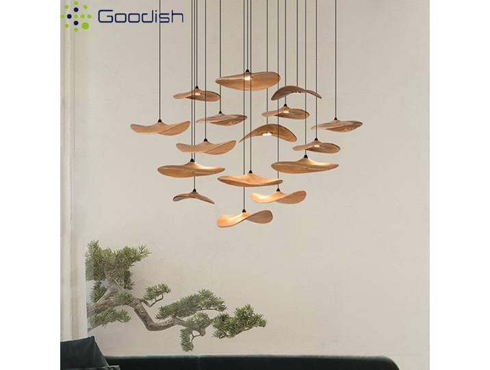 Lustre LED Minimaliste Nordique en Bois Massif et Tissu, Motif Feuille de Lotus, pour Décoration de Salon