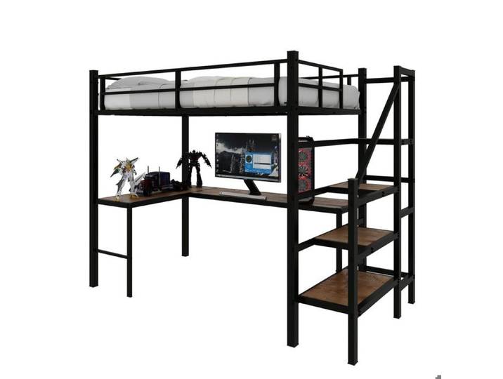 Lit mezzanine avec bureau en L 90 × 190 cm rangements structure solide avec escalier noir