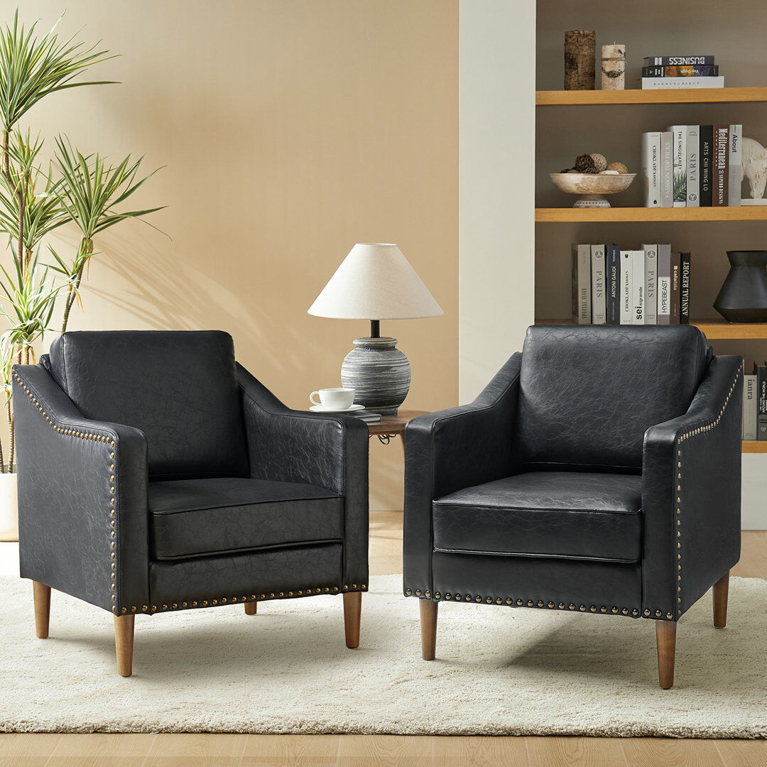 Lark Manor Almetia Vegan Leather Armchair With Solid Wood Legs Set of 2 Black Faux Leather 88.9cm H X 76.2cm W X 74.93cm D
