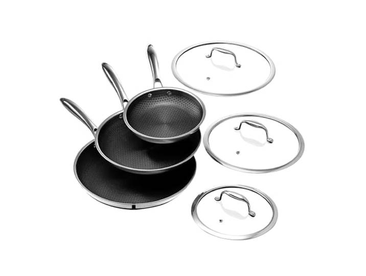 HexClad Hybrid Pfannenset 6-teilig mit Deckeln – Edelstahl Wabenstruktur, Antihaftbeschichtung, Pfannen 20/25/30 cm mit Deckel, alle Herdarten inkl. Induktion, ofenfest