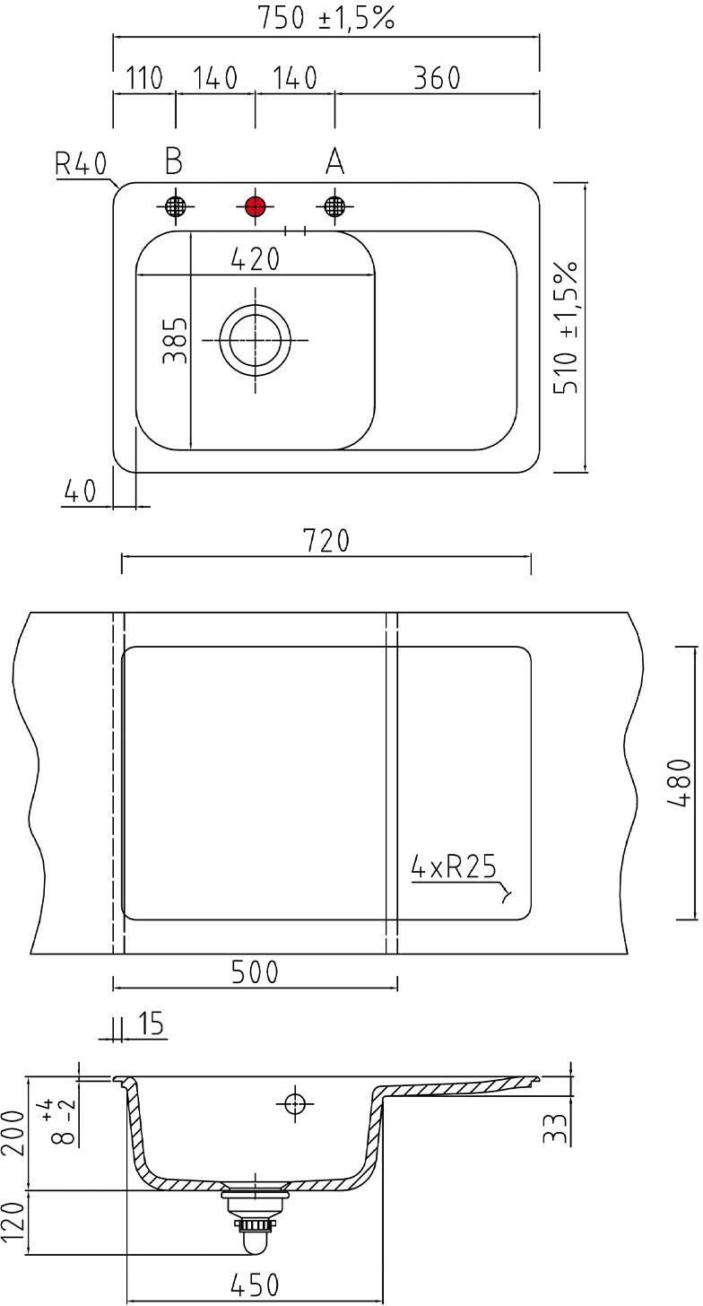Systemceram Keradomo Juna 75 Einbauspüle links mit Handbetätigung, Küchenspülen, 501301-56, eibe - B: 75 T: 51 H: 20 cm - eibe