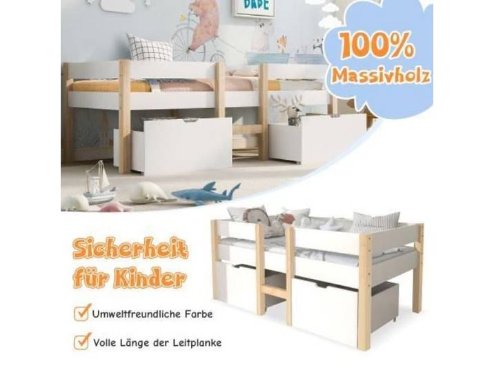 Lit mi-hauteur enfant - PDZZZD - 90x200 cm - Bois massif - 2 tiroirs - Blanc
