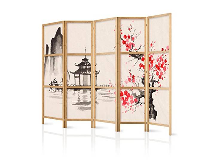 decomonkey Paravent Raumteiler Innen Landschaft, 225x171 cm, 5-teilig, Spa Zen, Wohnzimmer, Room Divider, Wall, Raumteiler Stehend, Trennwand, Sichtschutz, Spanische Wand, Sichtschutzwand, Holz