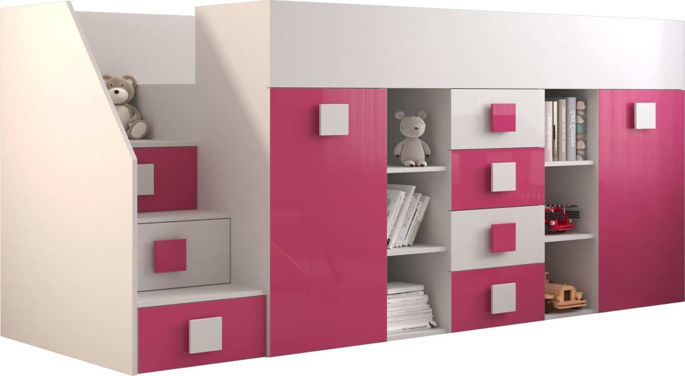 MINIO go for it, Etagenbett "TOLEDO 3", Links, Kinderbett, Rosa / Weiße Farbe