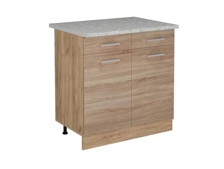 Vicco Küchenunterschrank R-Line , Sonoma, 80 cm 2 Schubladen · Arbeitsplatte Marmor · Höhenverst. Füße · 2 Türen · Leichter Zugriff