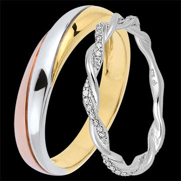 Edenly Saturne & Olympe Trauring-Duo â€“ Drei Goldarten & WeiÃŸgold mit Diamant