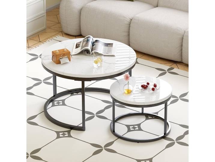 MODFU Runder Couchtisch,Satztische,2-in-1 Wohnzimmertisch,Sofatisch mit Metallrahmen und rutschfesten Fußpads,Ø70+Ø45 cm,Kaffeetisch,Schwarz&Weiß