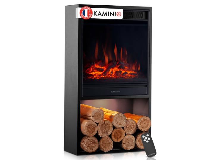 Cheminée électrique KAMINIO HUGO - Poêle électrique avec chauffage\, effet flamme 3D\, éclairage d'ambiance LED\, compartiment à bois\, télécommande - Noir
