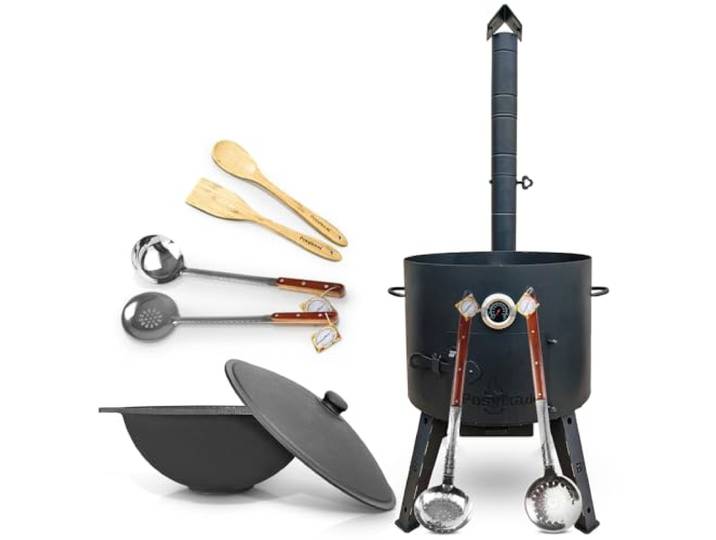 Utschak Feuerofen Gusseisen Topf flacher Boden mit Deckel (22 L) KazanoFF, Учаг, Kazan Outdoor, Feuerschale, Camping, Kasan, Gulaschkanone Dutch Oven (Set 22F-1)