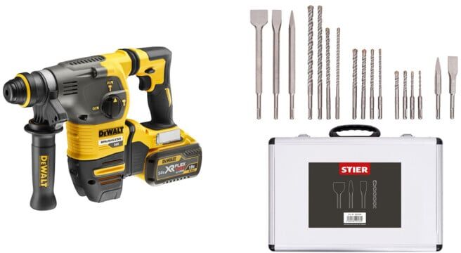 Set DeWalt Flexvolt Akku-Kombihammer SDS-plus, 54V DCH333X2-QW + Stier SDS-Plus Bohrer & Meißelsatz, 17-teilig