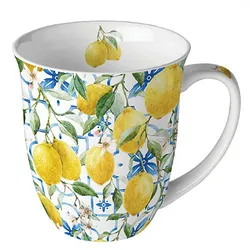 Ambiente Tasse 10cm Porzellan mit Zitronen Motiv - 0,4L Keramiktasse Porzellangeschirr Kaffeetasse Teetasse Kakaotasse Sommergeschirr Porzellantasse Gelb Weiß