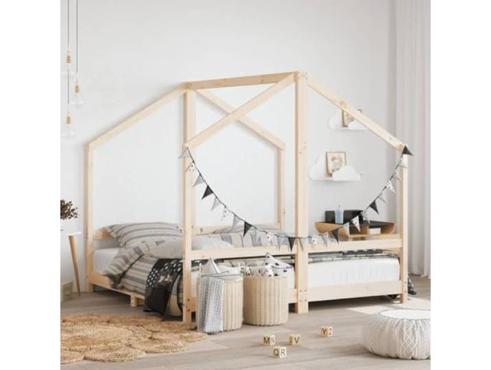 WXGTBKPR Kinderbett aus massivem Kiefernholz, Hausbett 2X (80x160) cm für Zwei Kinder, stabiles Spielbett für Schlafzimmer, unbehandeltes Holz