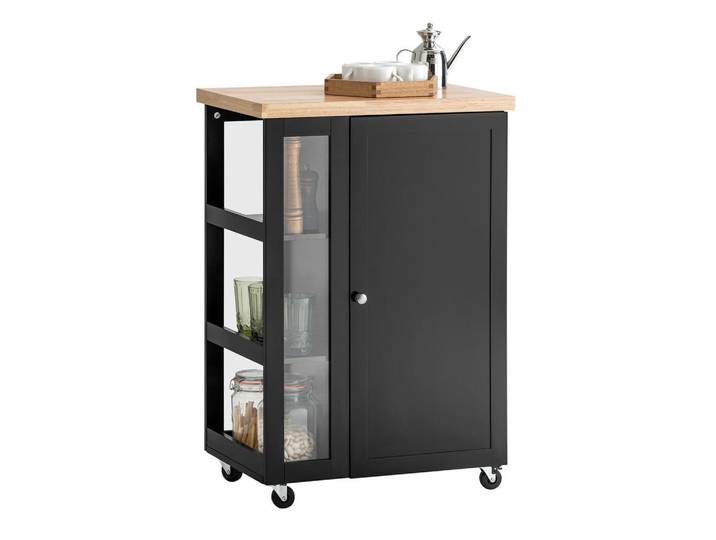 SoBuy Küchenwagen mit Rollen und Schrank Schwarz 60x40x90 cm, Holzwerkstoff, Glas, 60x90x40 cm, Esszimmer, Servierwagen