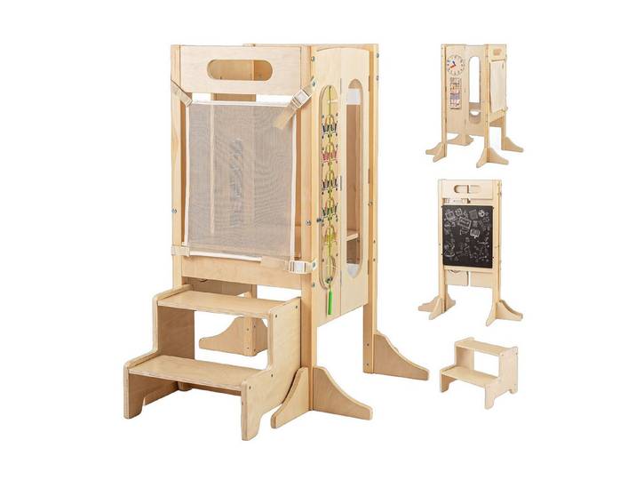 COSTWAY Tritthocker, 4 in 1 Lernturm klappbar mit 2-Stufen Hocker, Tafel