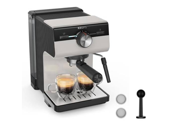 Krups Authentic Espresso-Siebträgermaschine, 15 bar, intuitive Bedienung, raffiniertes Design, integrierte Dampfdüse, 2 L-Wassertank, inkl. Zubehör, Grey/Creme, XP381B10