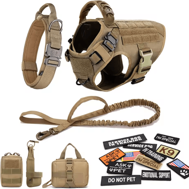 Uplift Curations Military Large Dog Harness Set Tactical Vest With Collar, Leash, Bags And Patches brown 18 Pieces xl