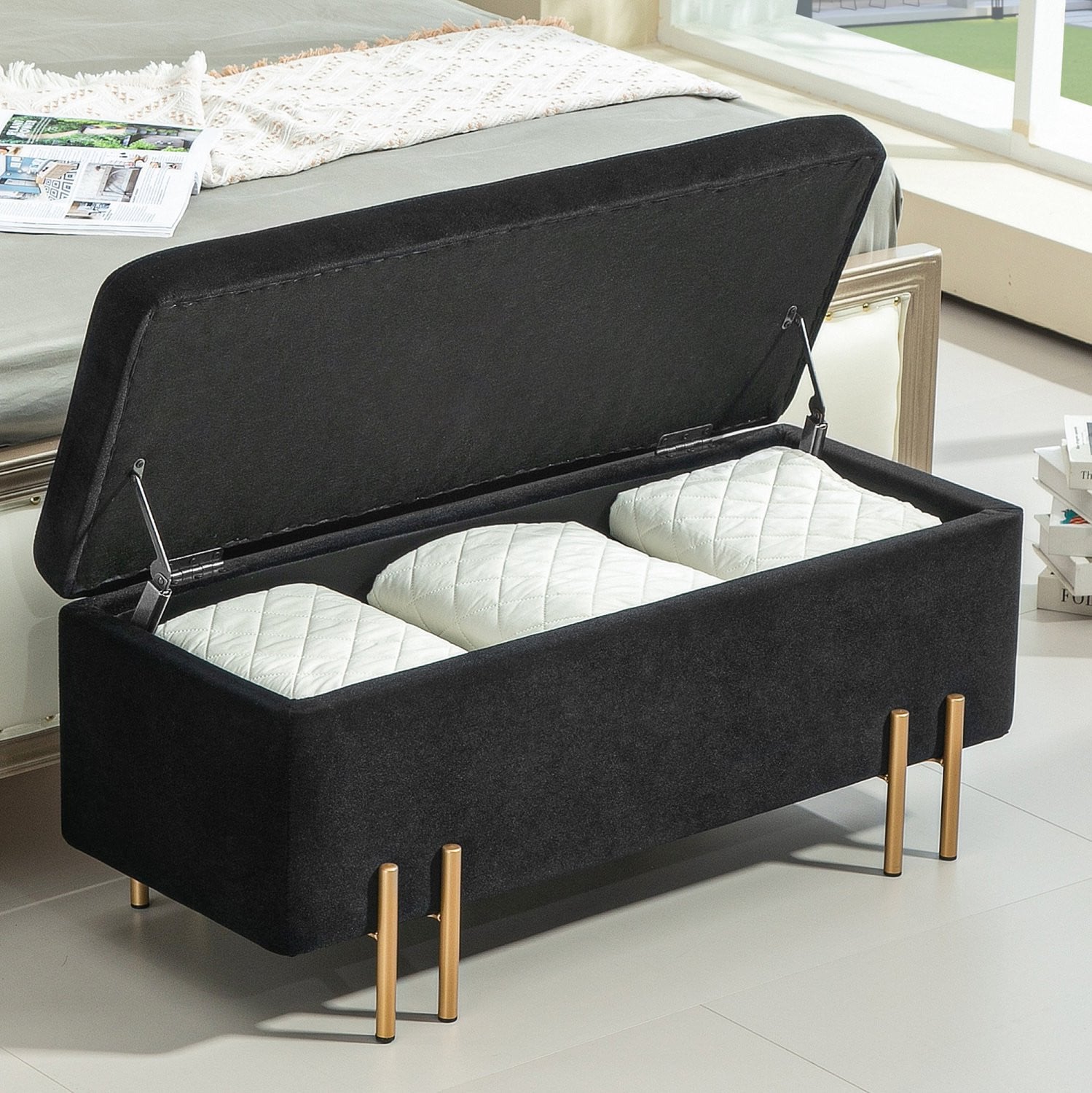 CHICFURN Opbergbank - Gestoffeerd - Zwart