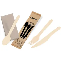 Besteckset (aus Holz FSC 100%) Messer-Gabel-Löffel+Serviette [50 Sets]