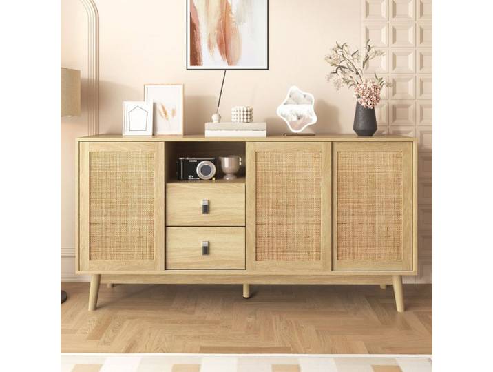 Buffet en Rotin 155x38x80 cm - 3 Portes Coulissantes - 2 Tiroirs - Design Contemporain