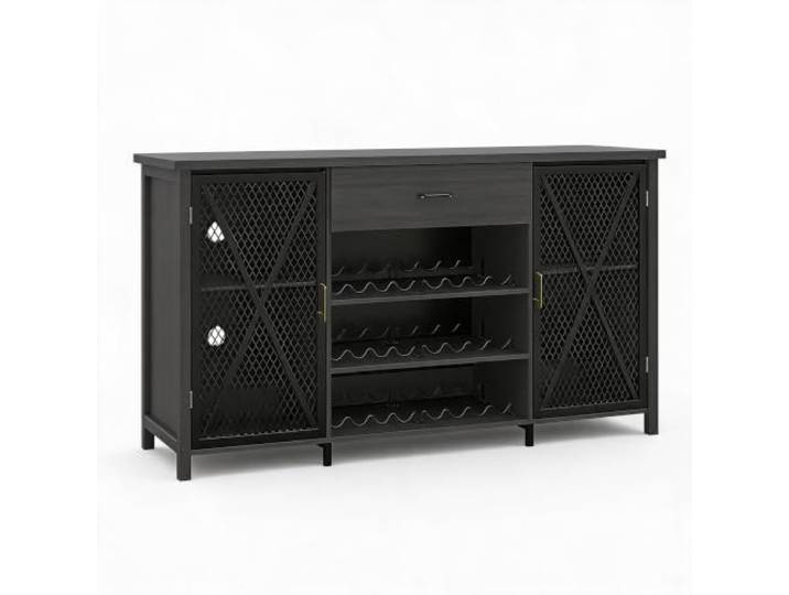 IDEALHOUSE 71 Zoll Industrie-Bar-Schrank/Sideboard mit Kühlschranknische – Weinregal & Flaschenablage – großes Schubfach, Holz/Metall, für Küche & Esszimmer, Farbe: Schwarz